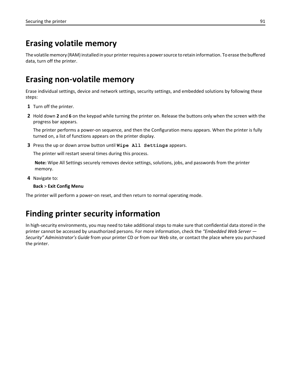 Erasing volatile memory, Erasing non-volatile memory, Finding printer security information | Erasing non, Volatile memory | Dell B3460dn Mono Laser Printer User Manual | Page 91 / 165