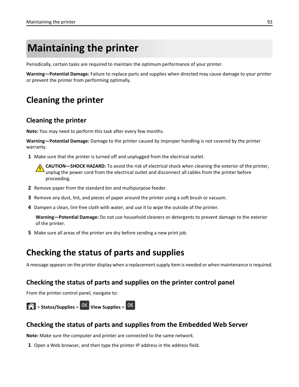 Maintaining the printer, Cleaning the printer, Checking the status of parts and supplies | Dell B3460dn Mono Laser Printer User Manual | Page 92 / 165