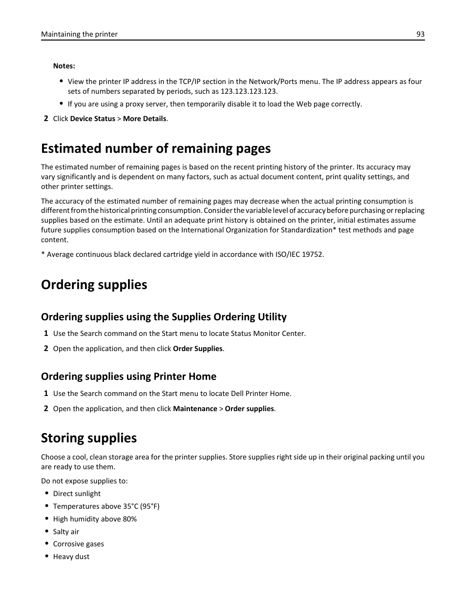 Ordering supplies, Ordering supplies using printer home, Storing supplies | Estimated number of remaining pages | Dell B3460dn Mono Laser Printer User Manual | Page 93 / 165