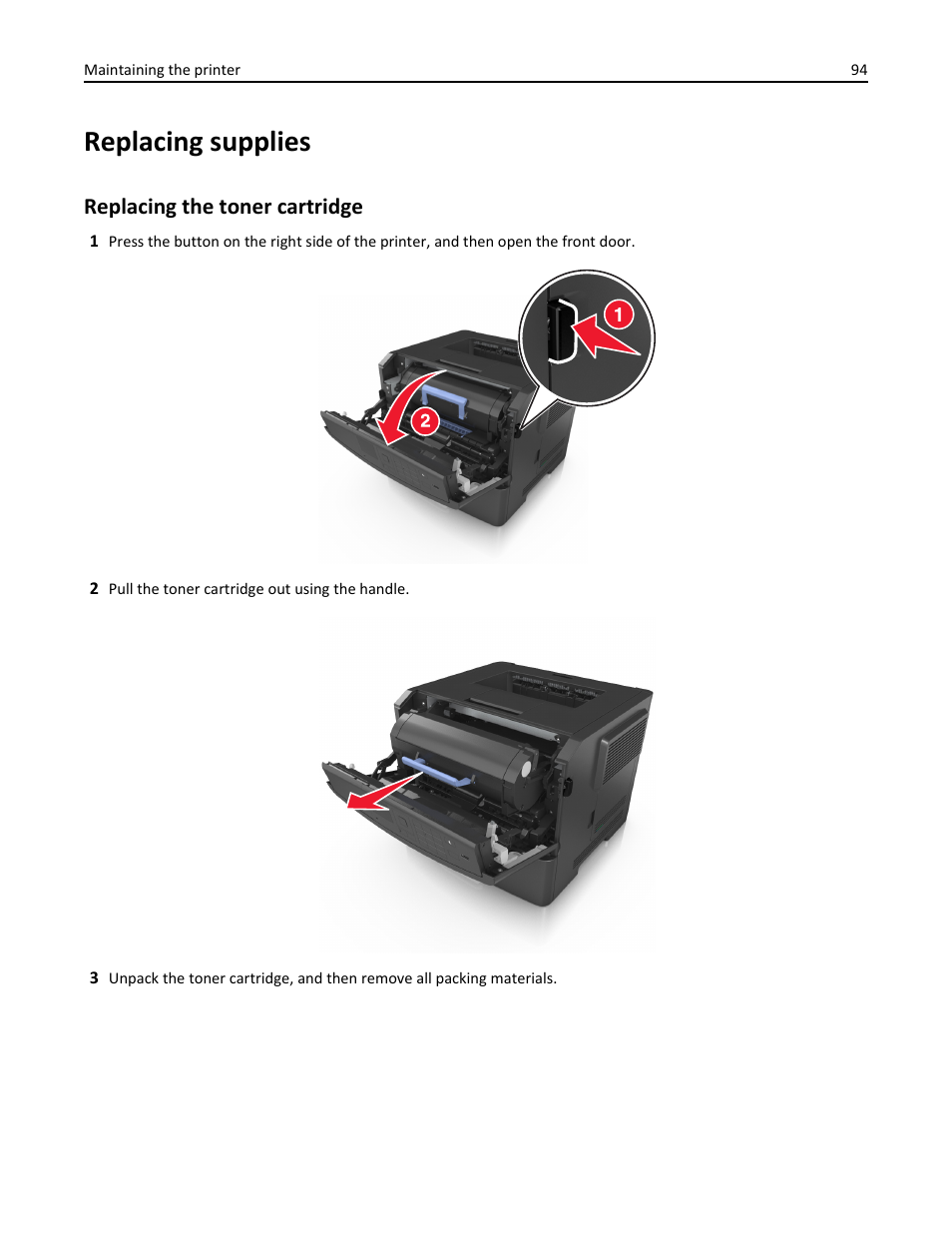 Replacing supplies, Replacing the toner cartridge | Dell B3460dn Mono Laser Printer User Manual | Page 94 / 165