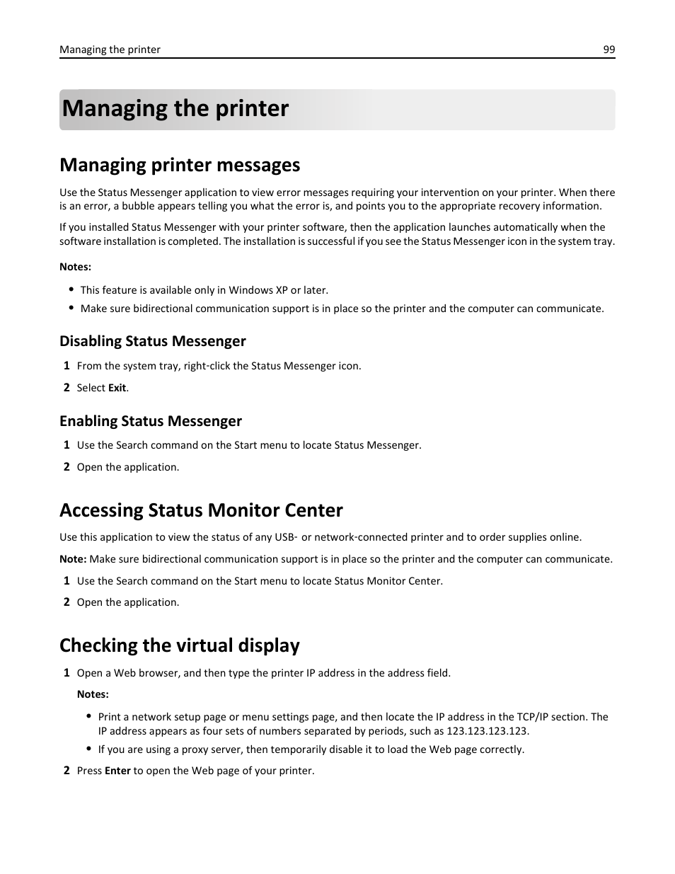 Managing the printer, Managing printer messages, Accessing status monitor center | Checking the virtual display, Disabling status messenger, Enabling status messenger | Dell B3460dn Mono Laser Printer User Manual | Page 99 / 165