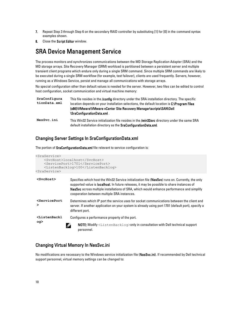 Sra device management service, Changing server settings in, Changing virtual memory in | Changing virtual memory in nessvc.ini | Dell PowerVault MD3860f User Manual | Page 10 / 22