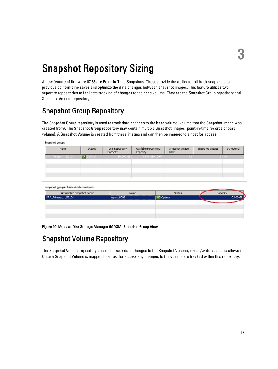 Snapshot repository sizing, Snapshot group repository, Snapshot volume repository | 3 snapshot repository sizing | Dell PowerVault MD3860f User Manual | Page 17 / 22