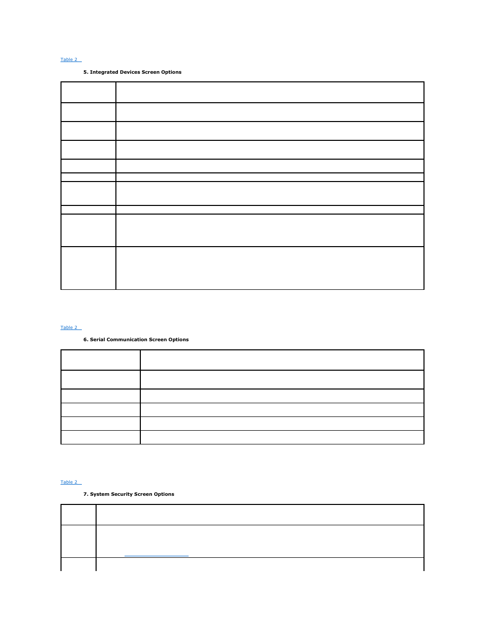 Table 2, For further information, see, Serial communication screen | System security screen | Dell POWEREDGE R805 User Manual | Page 66 / 84