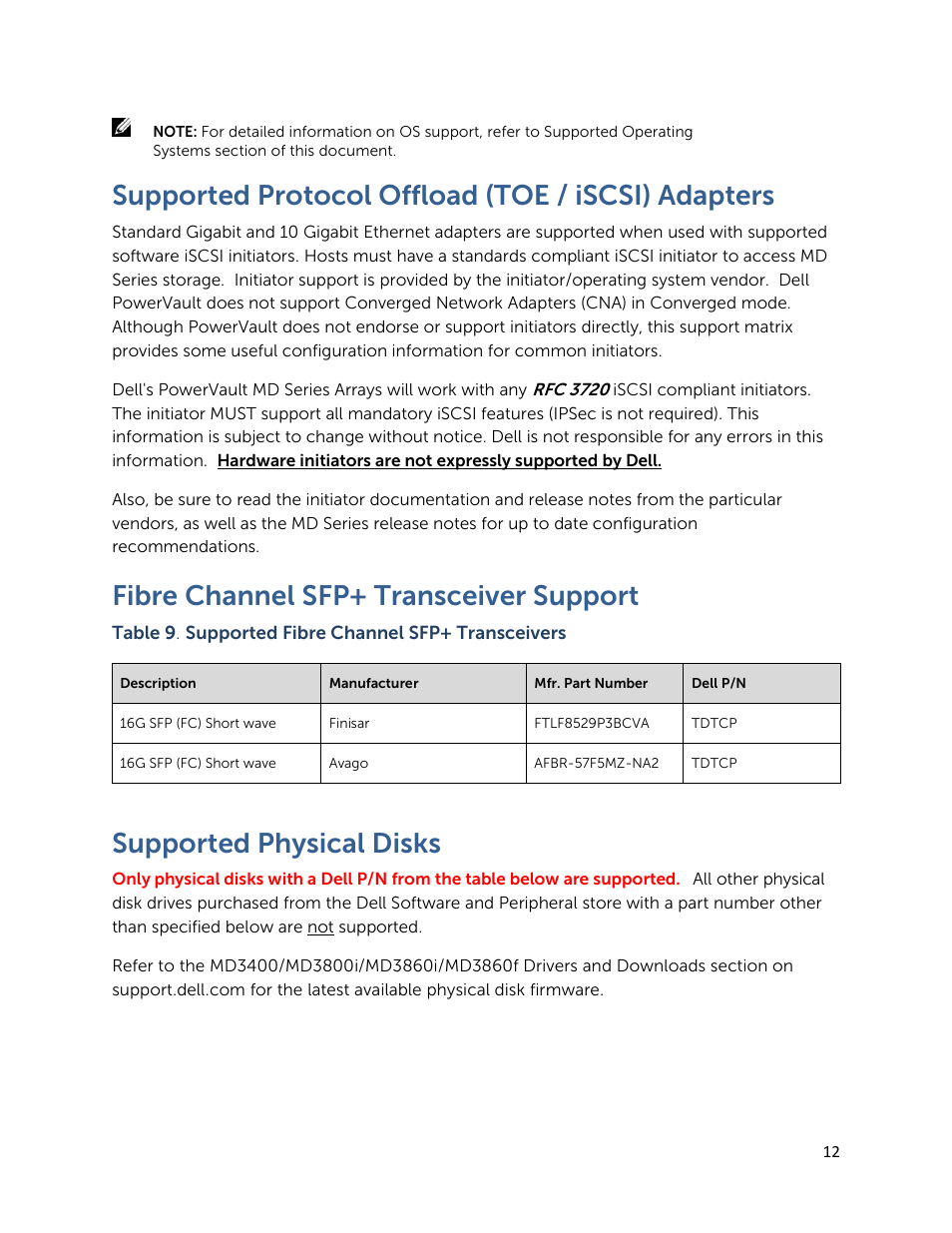 Supported protocol offload (toe / iscsi) adapters, Fibre channel sfp+ transceiver support, Supported physical disks | Dell PowerVault MD3820f User Manual | Page 12 / 24