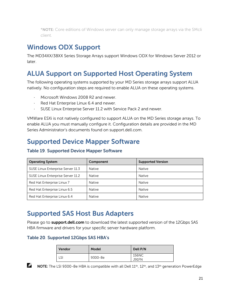 Windows odx support, Alua support on supported host operating system, Supported device mapper software | Supported sas host bus adapters | Dell PowerVault MD3820f User Manual | Page 21 / 24