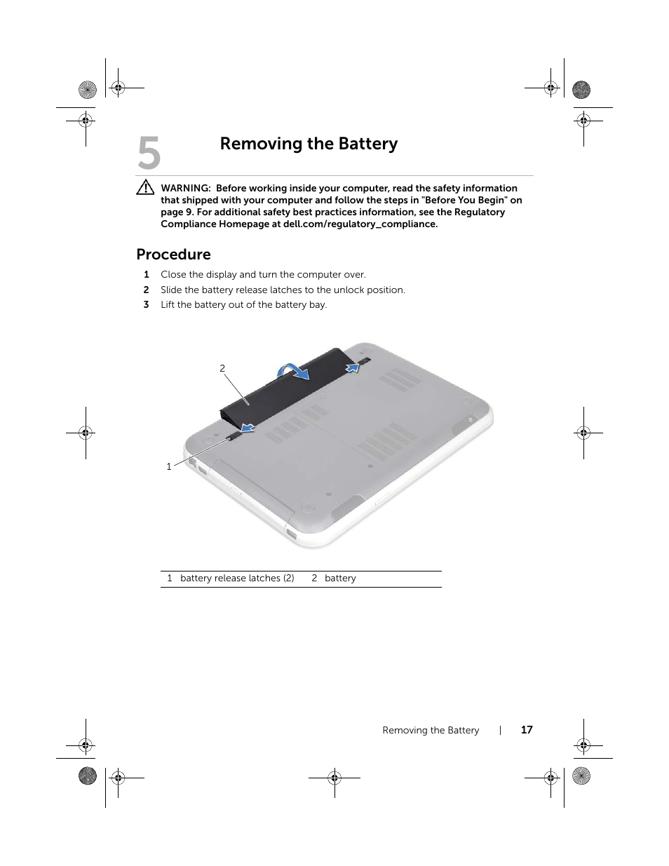 Removing the battery, Procedure | Dell Inspiron 14R SE (7420, Mid 2012) User Manual | Page 17 / 110