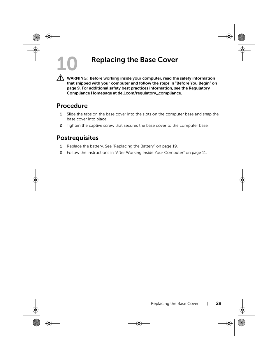 Replacing the base cover, Procedure, Postrequisites | Dell Inspiron 14R SE (7420, Mid 2012) User Manual | Page 29 / 110