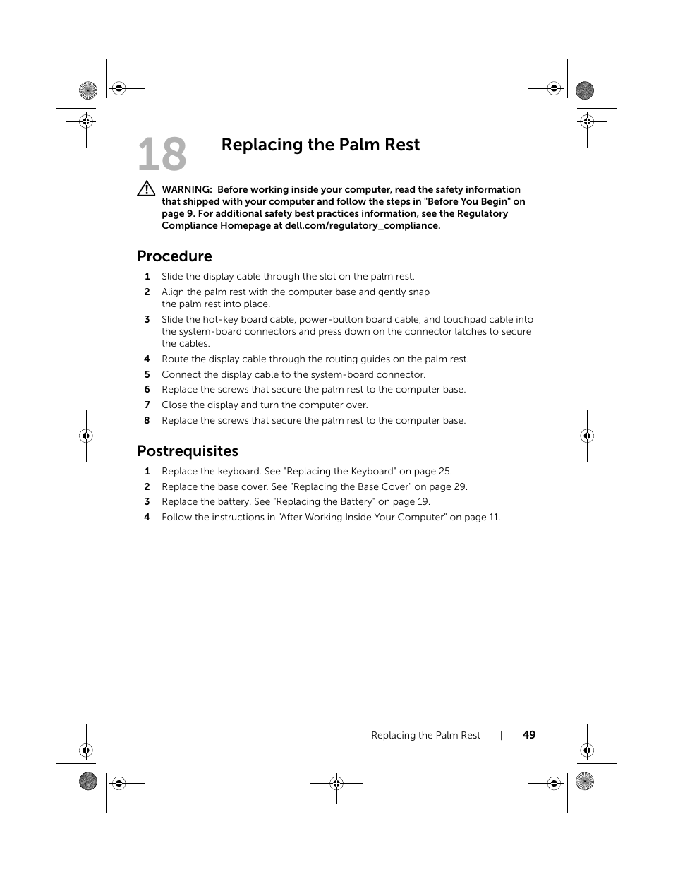 Replacing the palm rest, Procedure, Postrequisites | Dell Inspiron 14R SE (7420, Mid 2012) User Manual | Page 49 / 110
