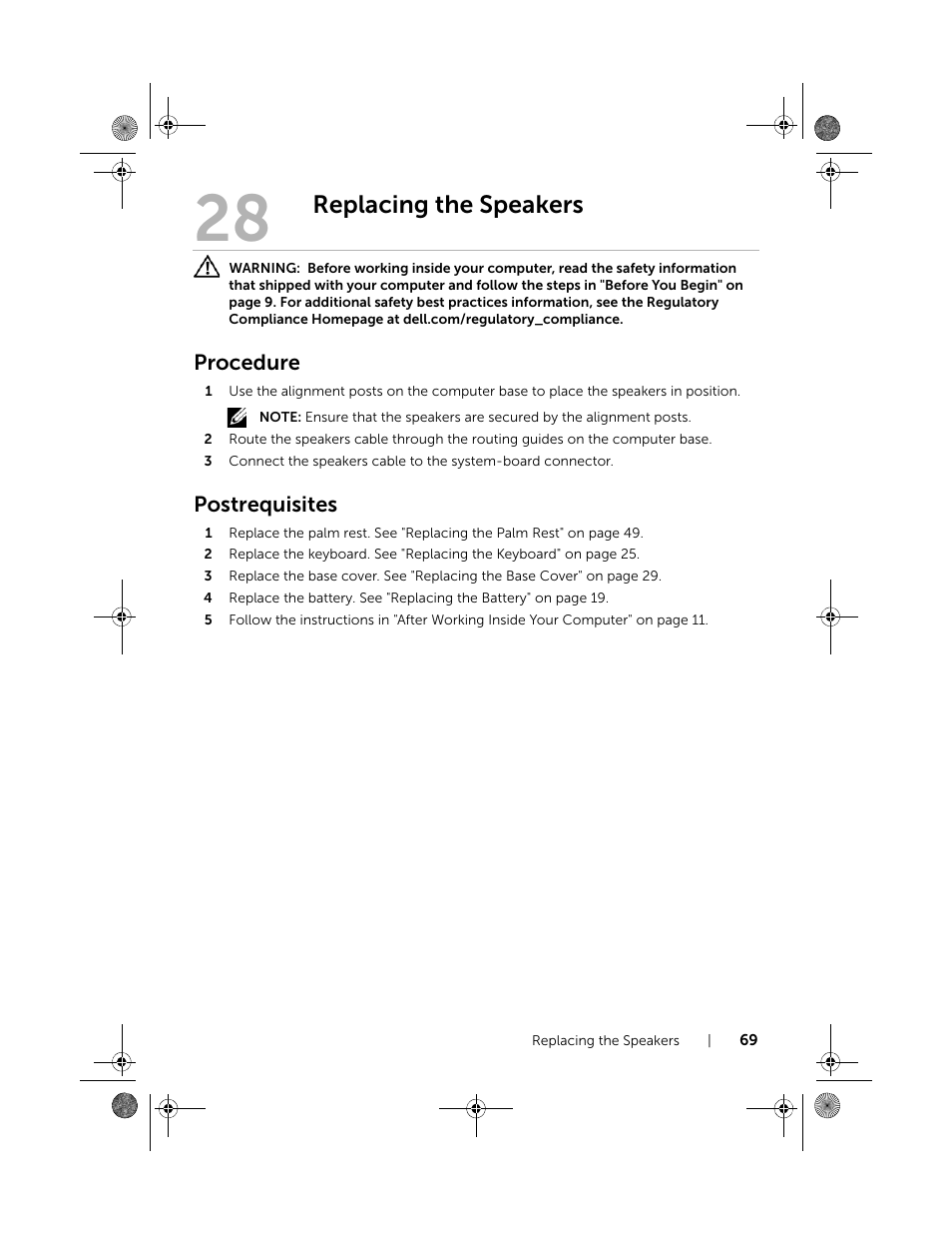 Replacing the speakers, Procedure, Postrequisites | Dell Inspiron 14R SE (7420, Mid 2012) User Manual | Page 69 / 110