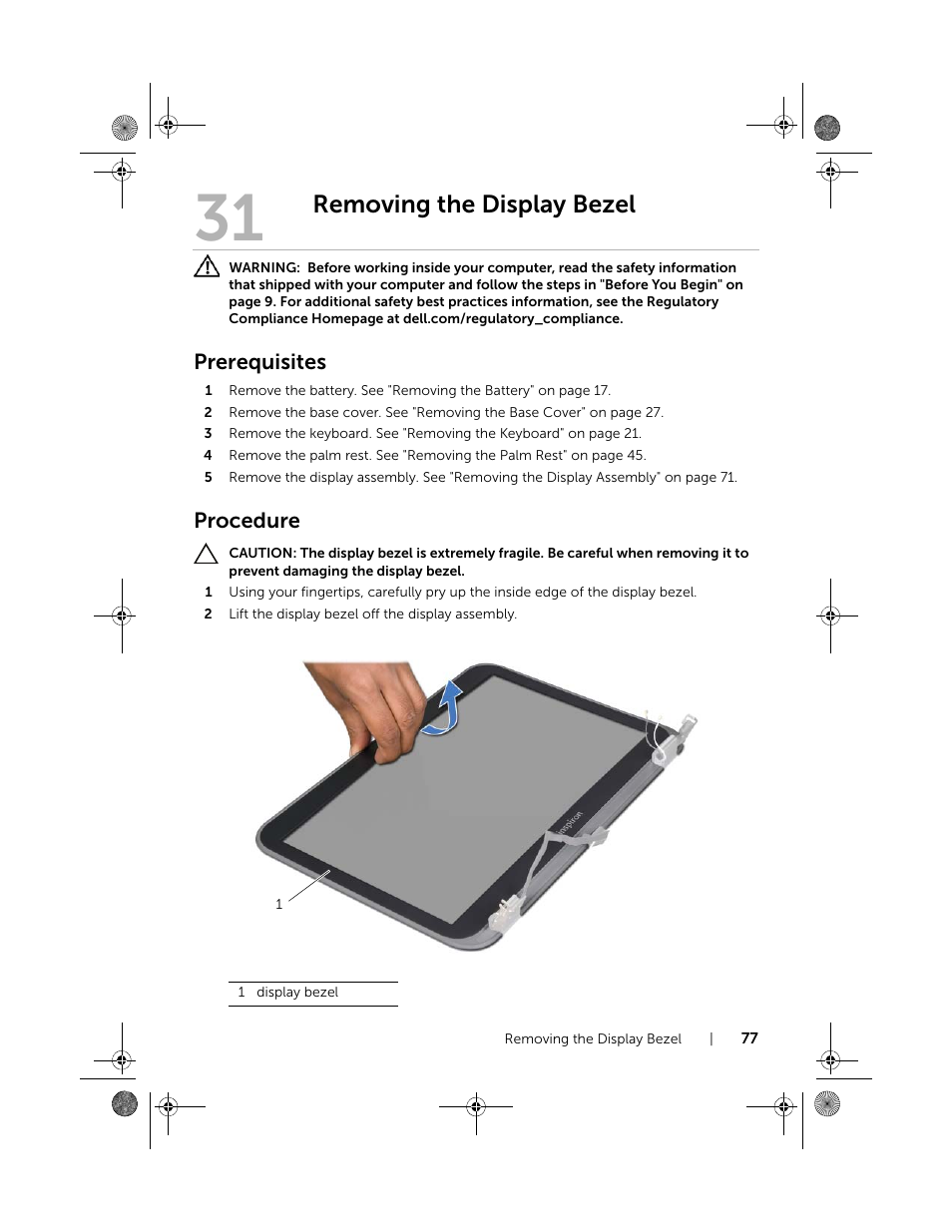 Removing the display bezel, Prerequisites, Procedure | Dell Inspiron 14R SE (7420, Mid 2012) User Manual | Page 77 / 110