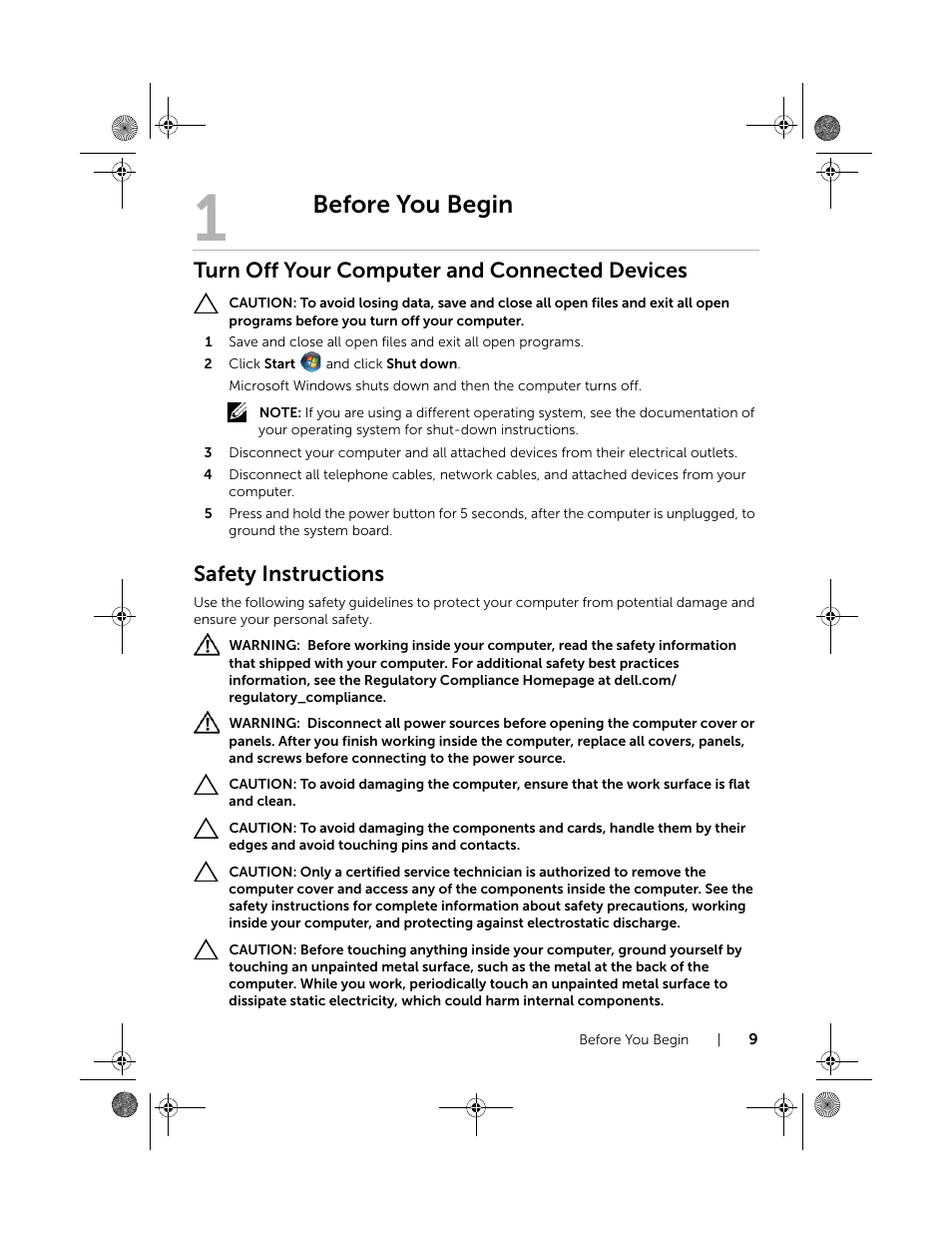 Before you begin, Turn off your computer and connected devices, Safety instructions | Dell Inspiron 14R SE (7420, Mid 2012) User Manual | Page 9 / 110