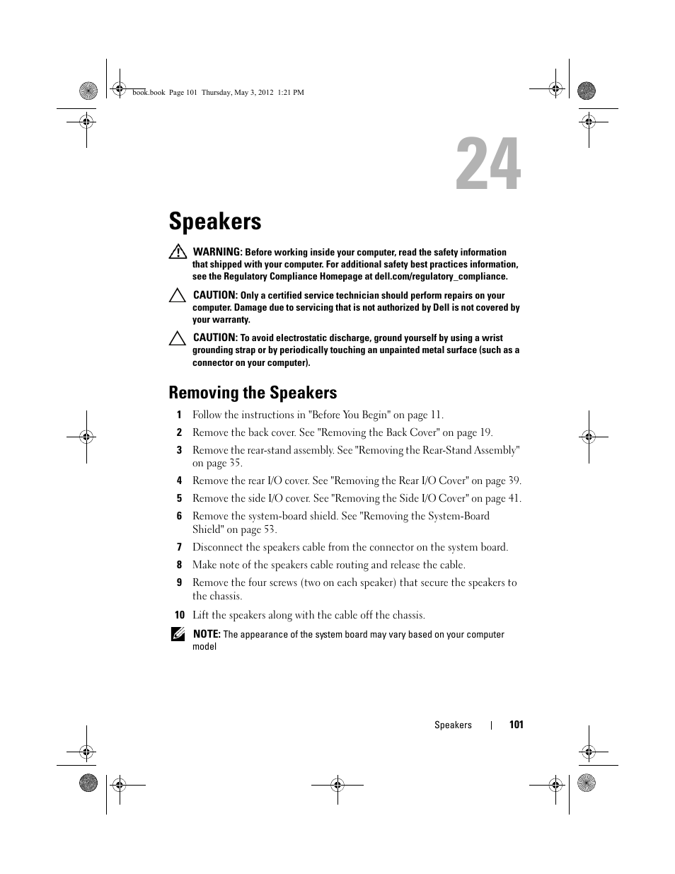 Speakers, Removing the speakers | Dell Inspiron One 2320 (Mid 2011) User Manual | Page 101 / 138