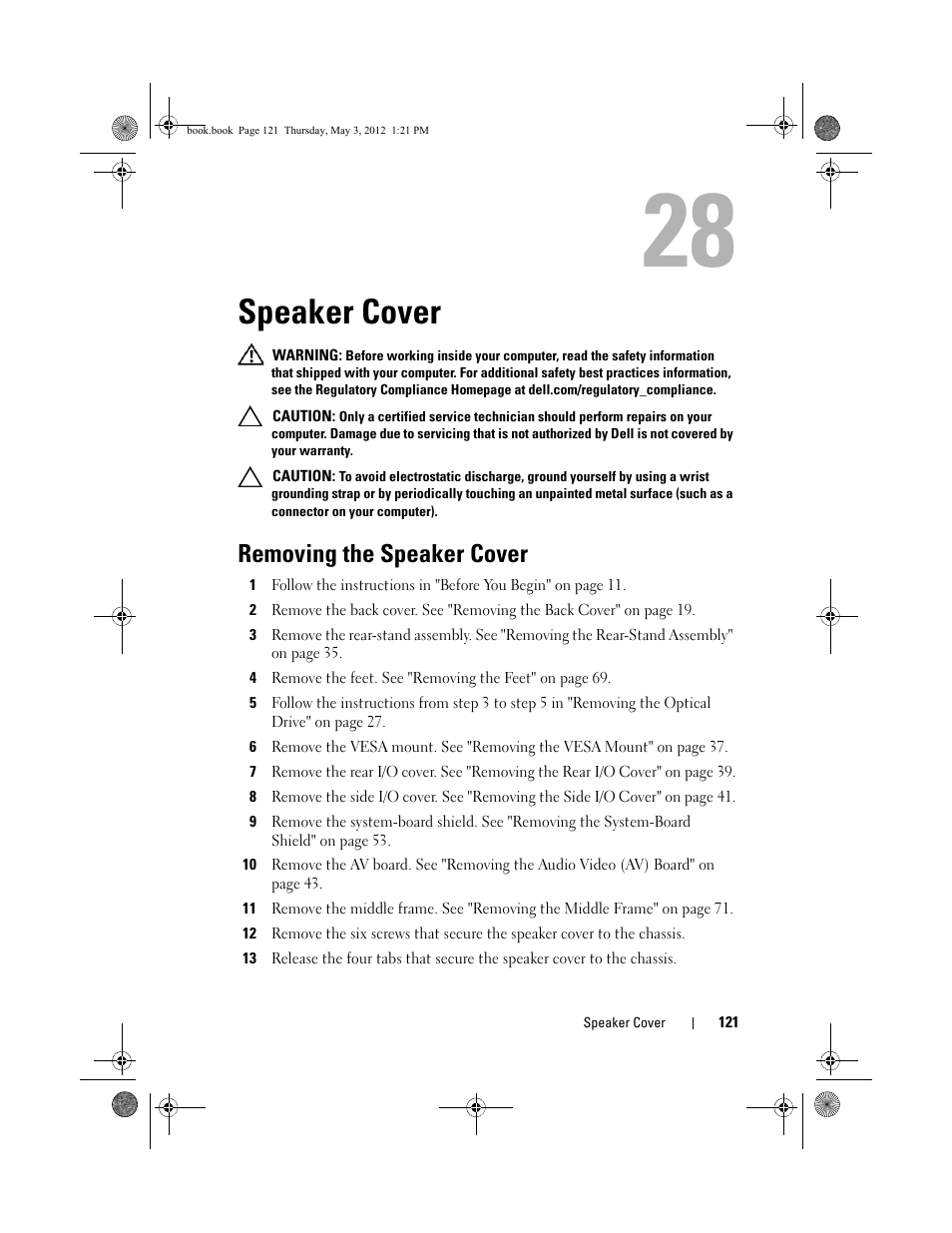 Speaker cover, Removing the speaker cover | Dell Inspiron One 2320 (Mid 2011) User Manual | Page 121 / 138