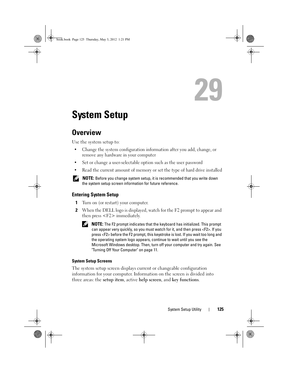 System setup, Overview, Entering system setup | Dell Inspiron One 2320 (Mid 2011) User Manual | Page 125 / 138