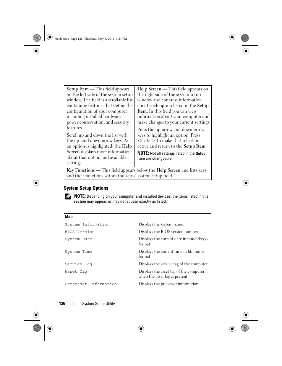 System setup options | Dell Inspiron One 2320 (Mid 2011) User Manual | Page 126 / 138