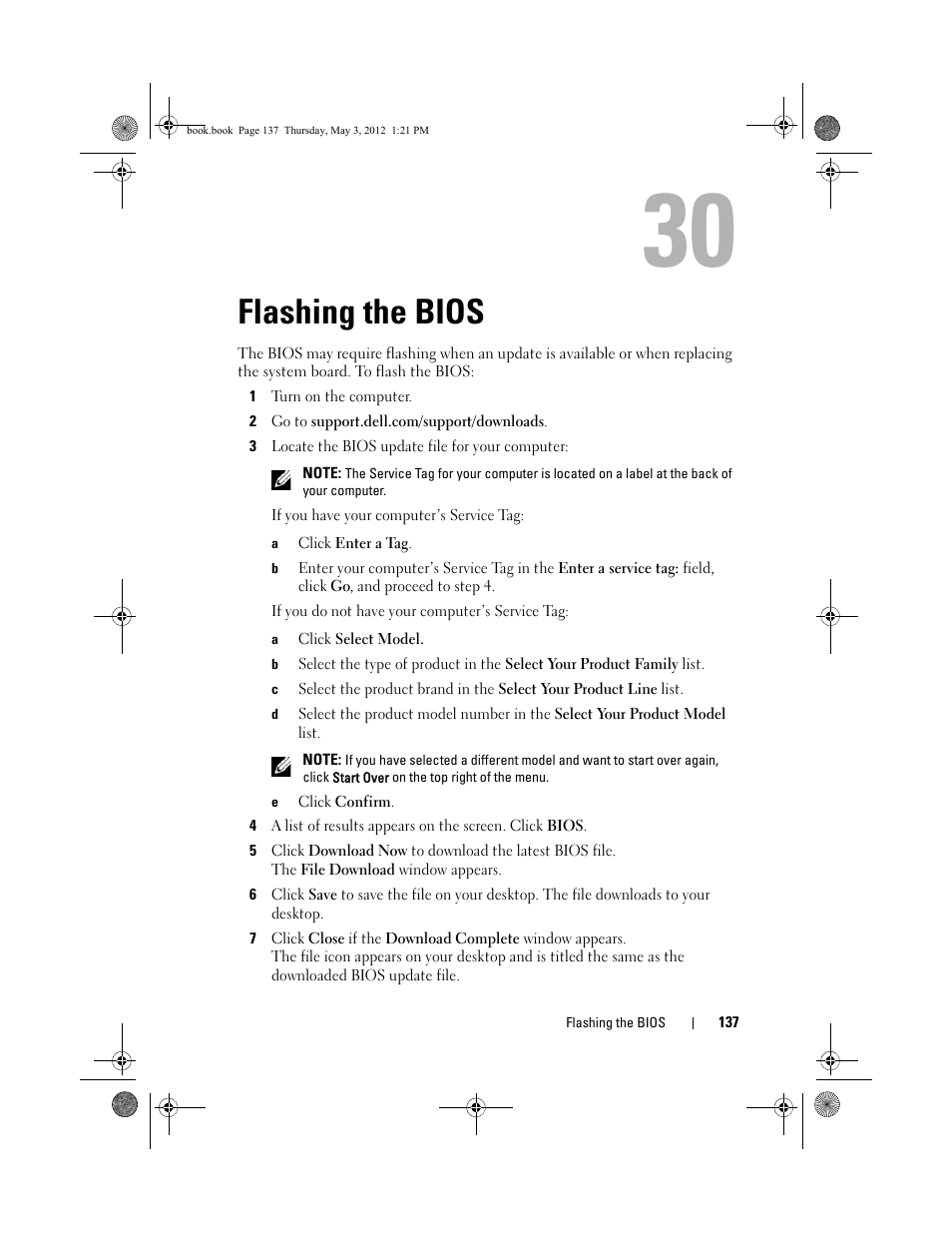 Flashing the bios, 1 turn on the computer, 2 go to support.dell.com/support/downloads | 3 locate the bios update file for your computer, A click enter a tag, A click select model, E click confirm | Dell Inspiron One 2320 (Mid 2011) User Manual | Page 137 / 138