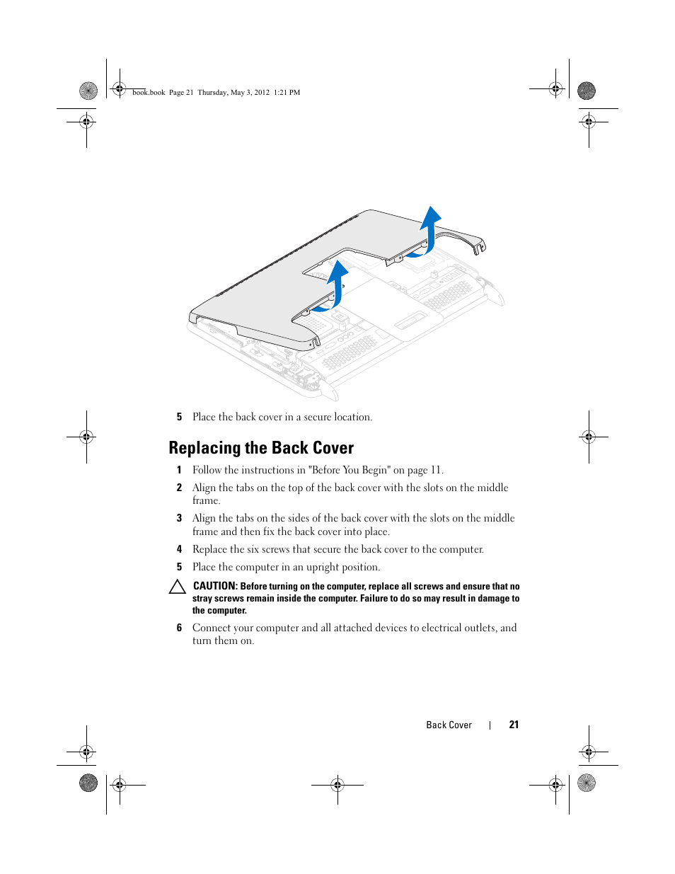 Replacing the back cover | Dell Inspiron One 2320 (Mid 2011) User Manual | Page 21 / 138