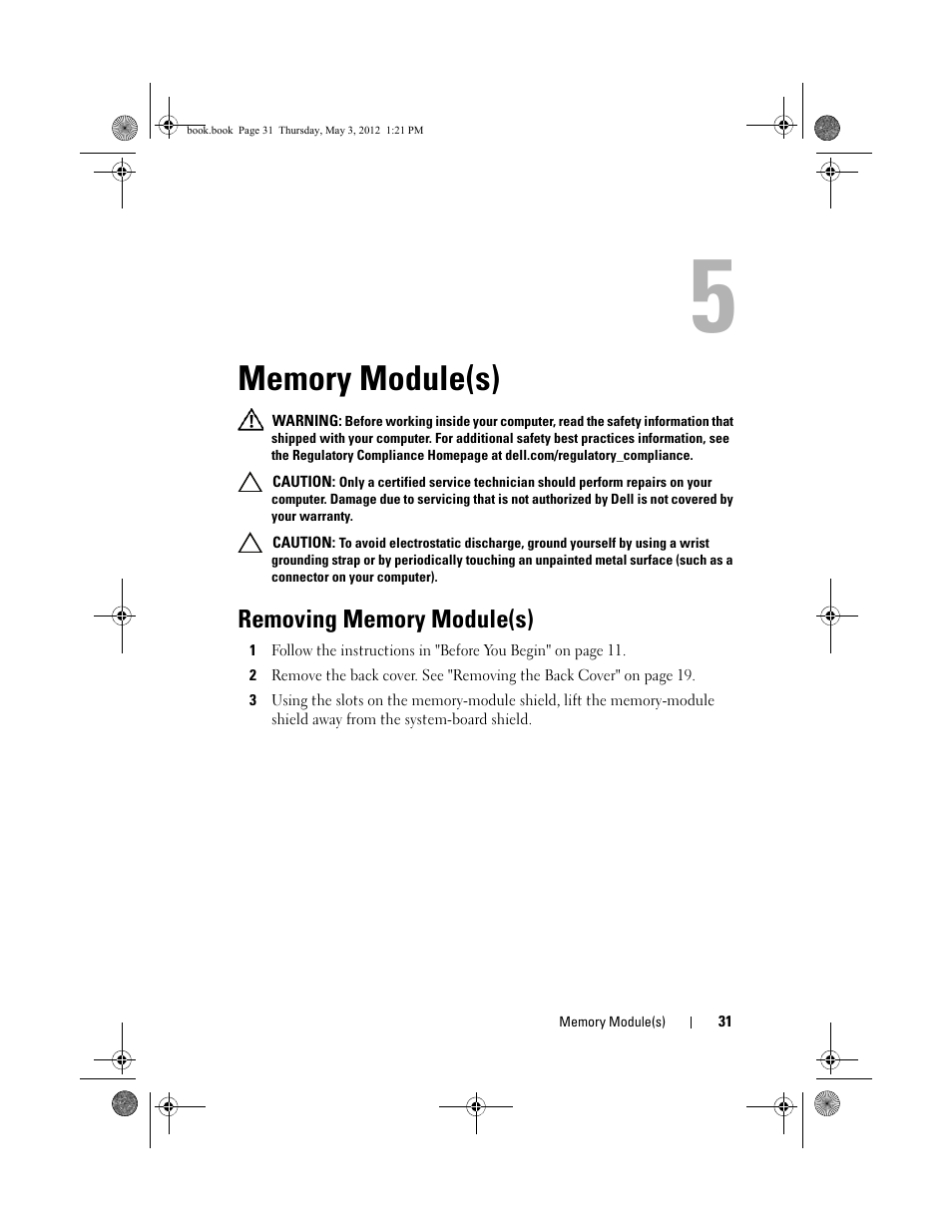 Memory module(s), Removing memory module(s) | Dell Inspiron One 2320 (Mid 2011) User Manual | Page 31 / 138