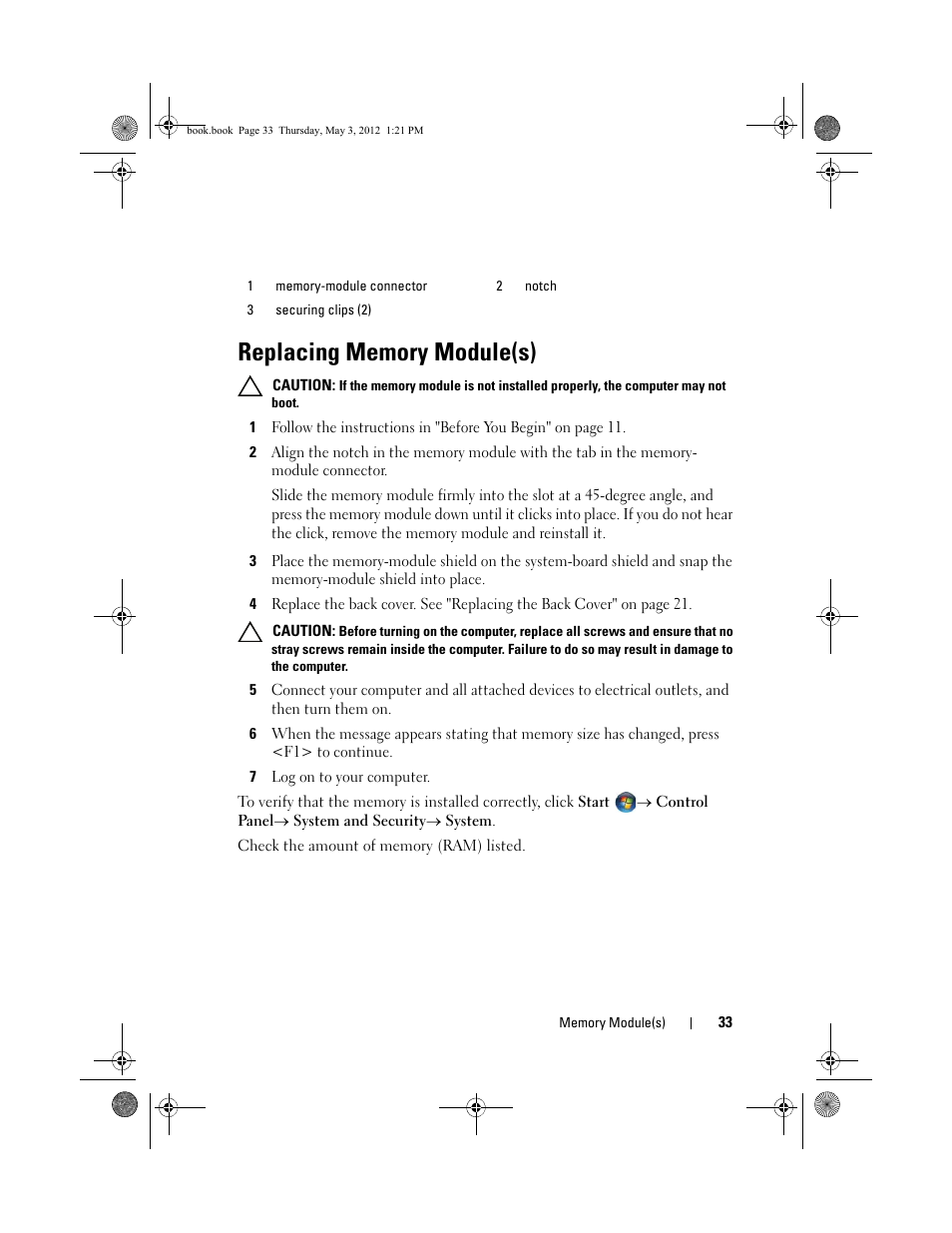 Replacing memory module(s) | Dell Inspiron One 2320 (Mid 2011) User Manual | Page 33 / 138