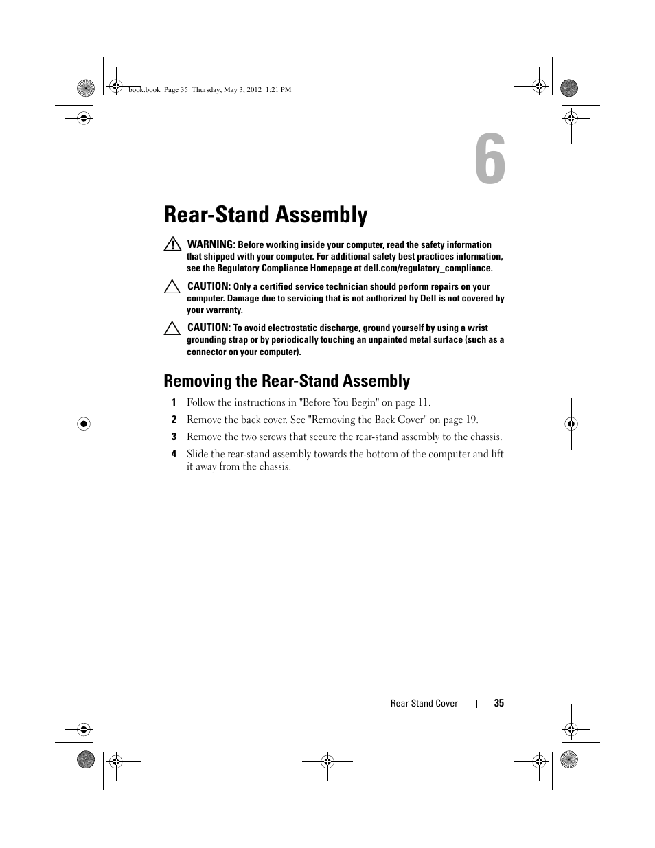 Rear-stand assembly, Removing the rear-stand assembly | Dell Inspiron One 2320 (Mid 2011) User Manual | Page 35 / 138