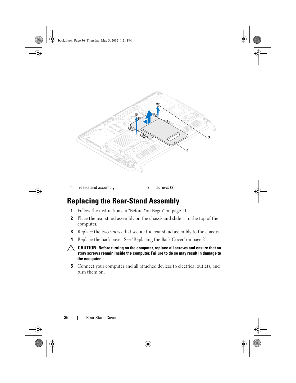 Replacing the rear-stand assembly | Dell Inspiron One 2320 (Mid 2011) User Manual | Page 36 / 138