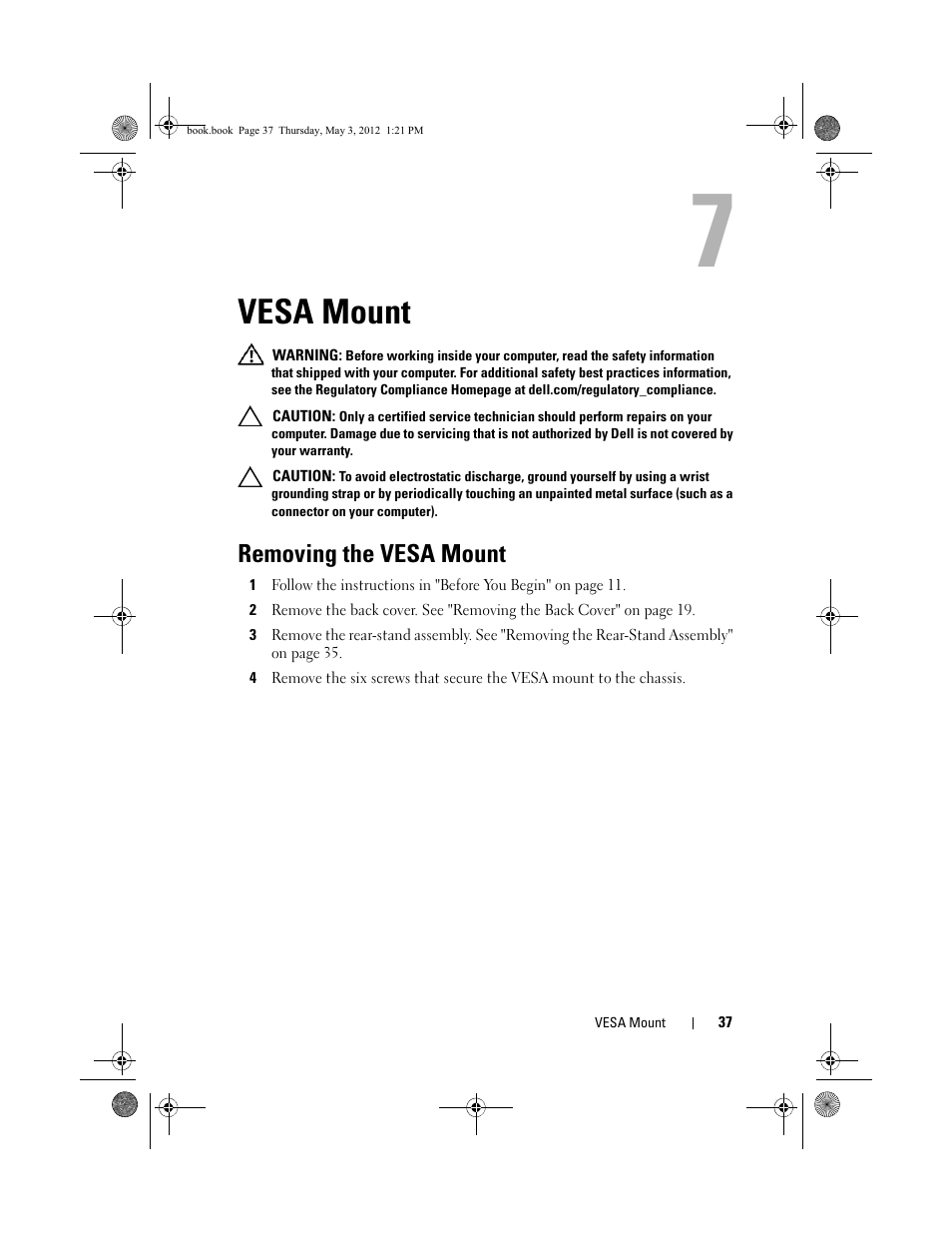 Vesa mount, Removing the vesa mount | Dell Inspiron One 2320 (Mid 2011) User Manual | Page 37 / 138