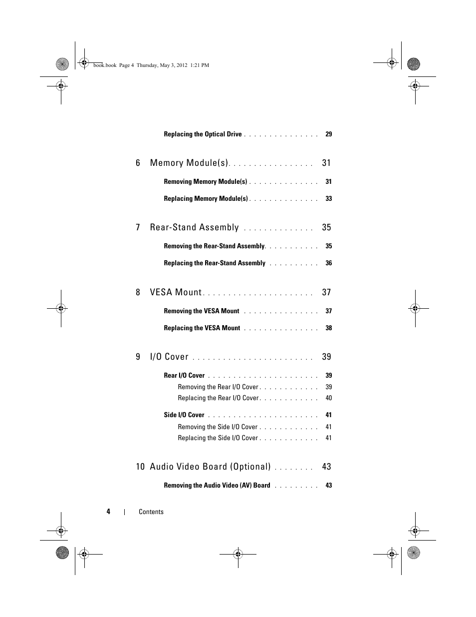 7 rear-stand assembly, 8 vesa mount, 9 i/o cover | 10 audio video board (optional) | Dell Inspiron One 2320 (Mid 2011) User Manual | Page 4 / 138