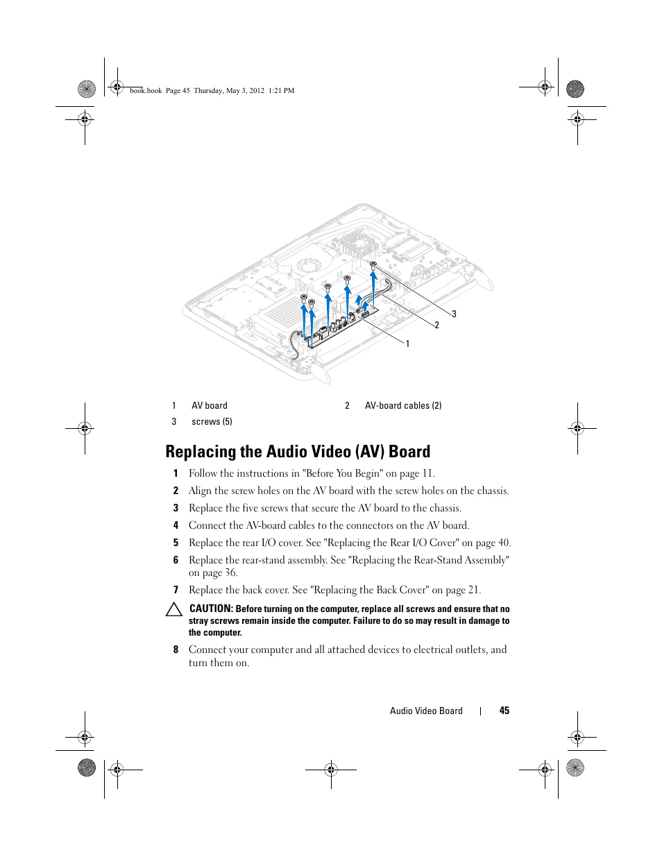 Replacing the audio video (av) board | Dell Inspiron One 2320 (Mid 2011) User Manual | Page 45 / 138