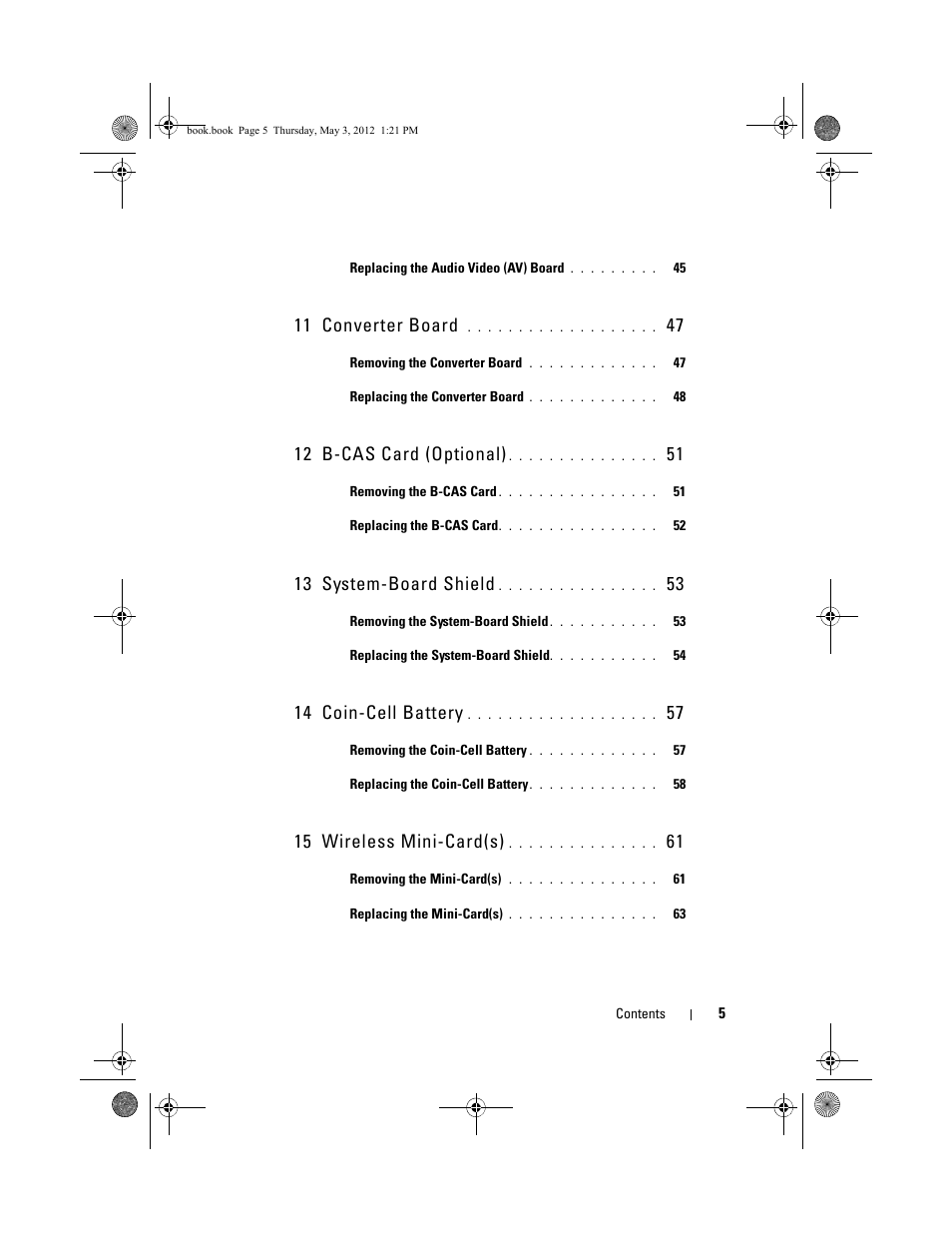 11 converter board, 12 b-cas card (optional), 13 system-board shield | 14 coin-cell battery, 15 wireless mini-card(s) | Dell Inspiron One 2320 (Mid 2011) User Manual | Page 5 / 138