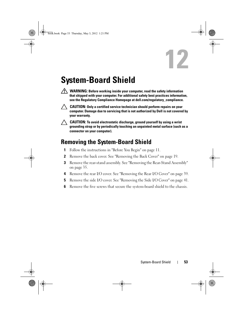 System-board shield, Removing the system-board shield | Dell Inspiron One 2320 (Mid 2011) User Manual | Page 53 / 138