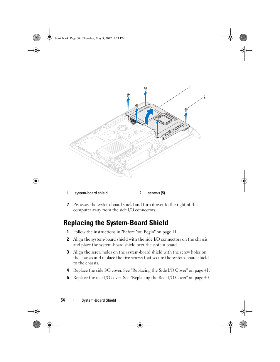 Replacing the system-board shield | Dell Inspiron One 2320 (Mid 2011) User Manual | Page 54 / 138