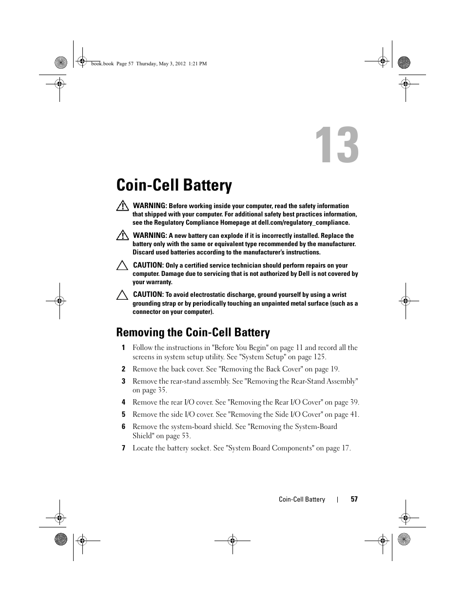 Coin-cell battery, Removing the coin-cell battery | Dell Inspiron One 2320 (Mid 2011) User Manual | Page 57 / 138