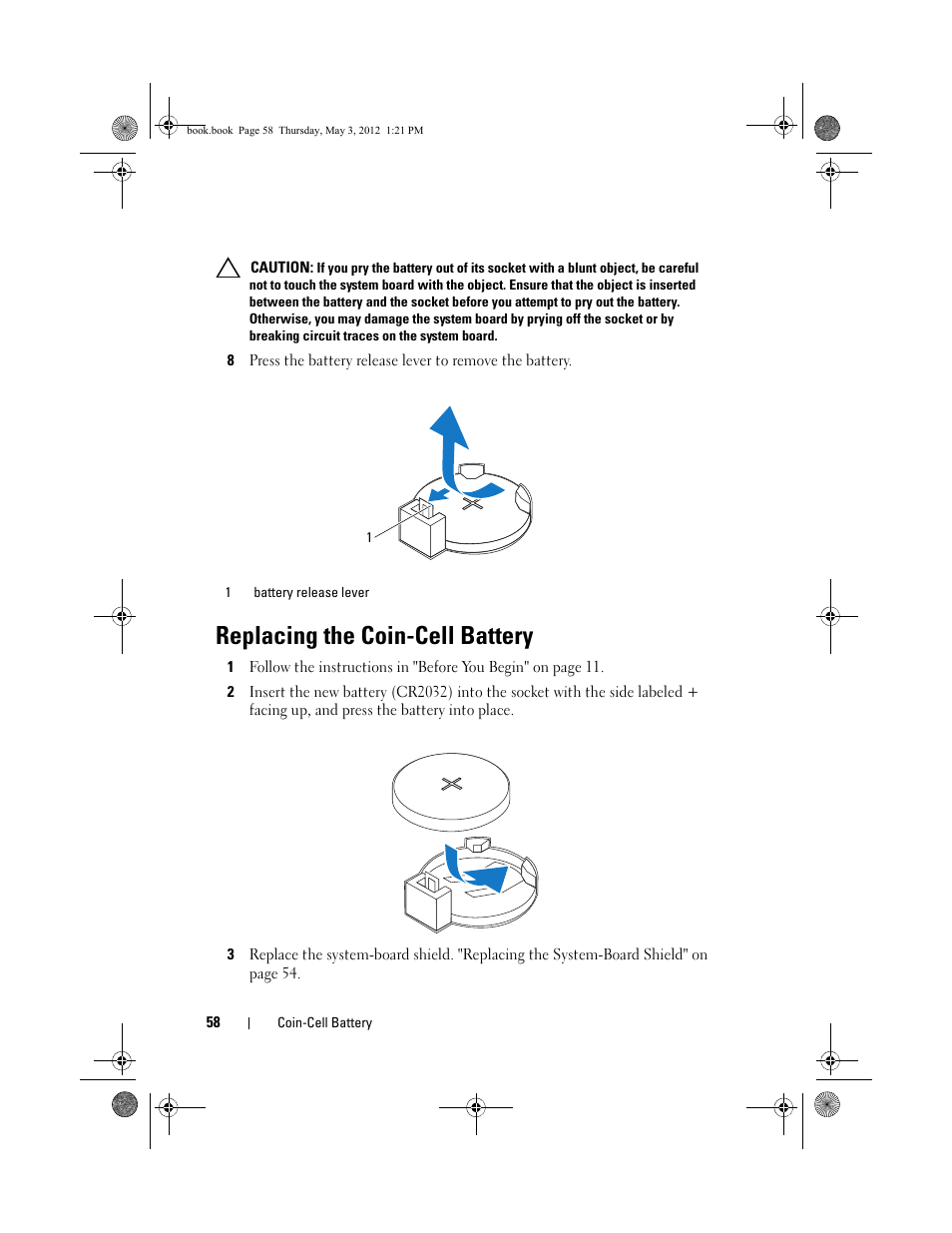 Replacing the coin-cell battery | Dell Inspiron One 2320 (Mid 2011) User Manual | Page 58 / 138
