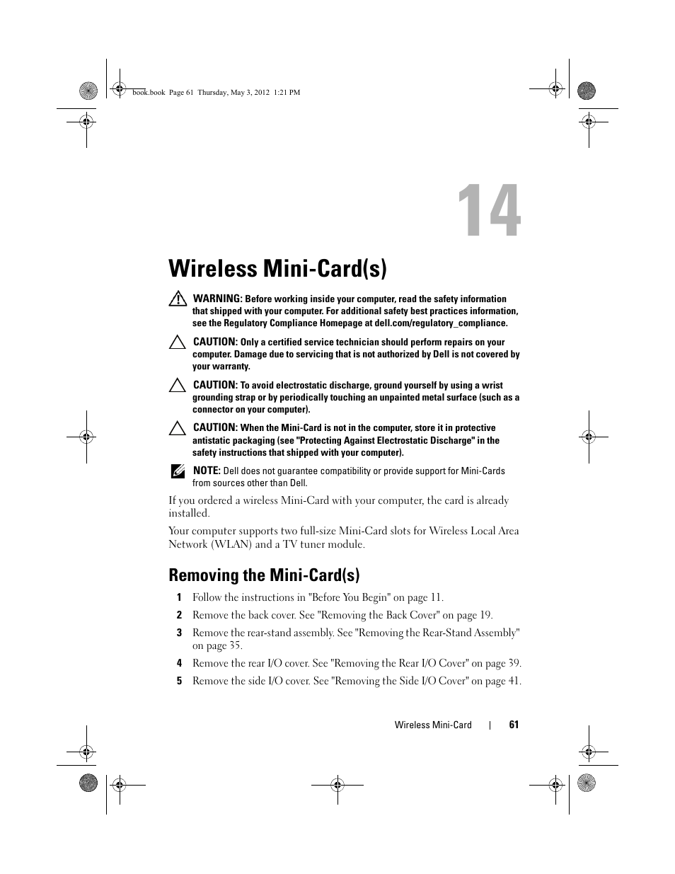 Wireless mini-card(s), Removing the mini-card(s) | Dell Inspiron One 2320 (Mid 2011) User Manual | Page 61 / 138