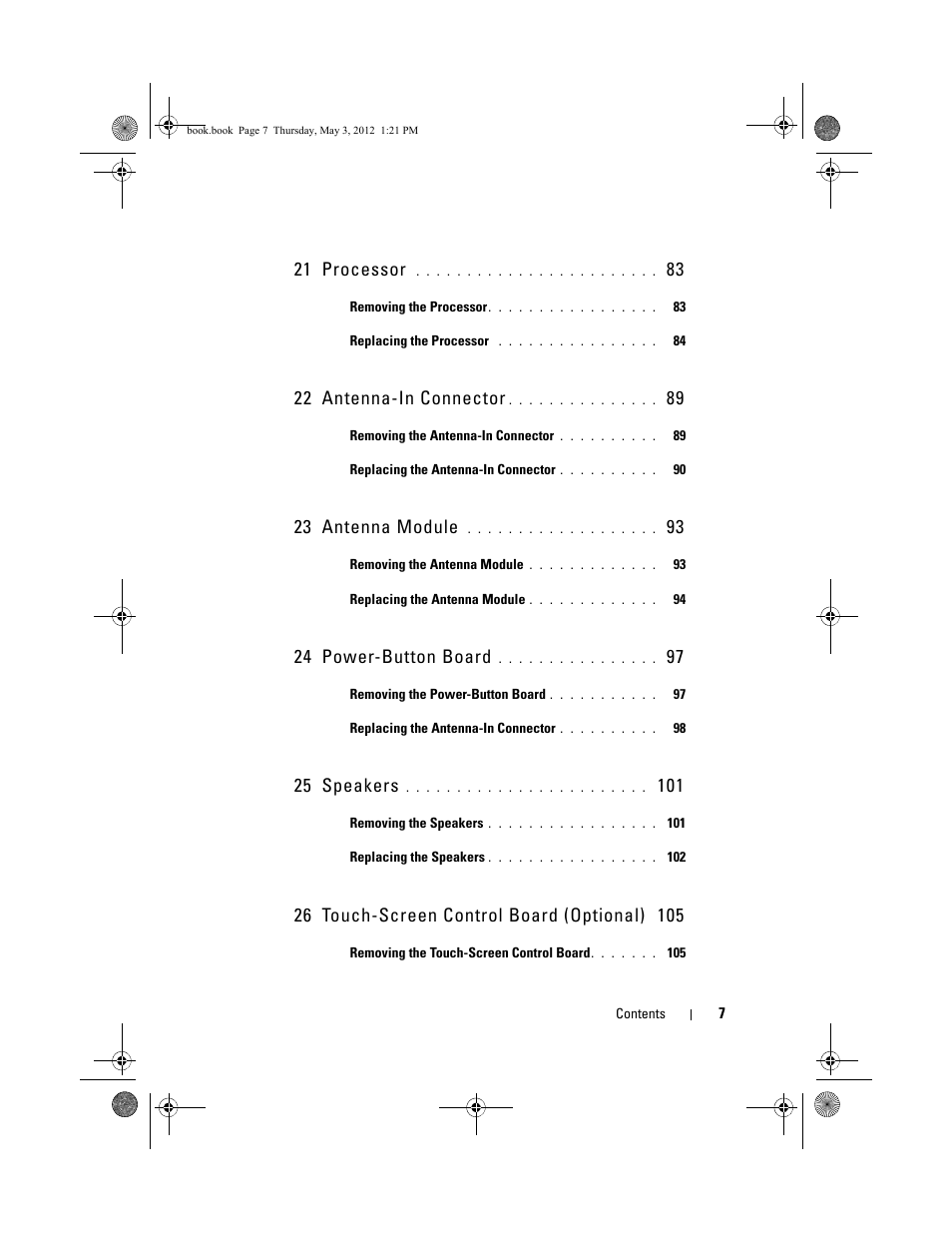 21 processor, 22 antenna-in connector, 23 antenna module | 24 power-button board, 25 speakers, 26 touch-screen control board (optional) | Dell Inspiron One 2320 (Mid 2011) User Manual | Page 7 / 138