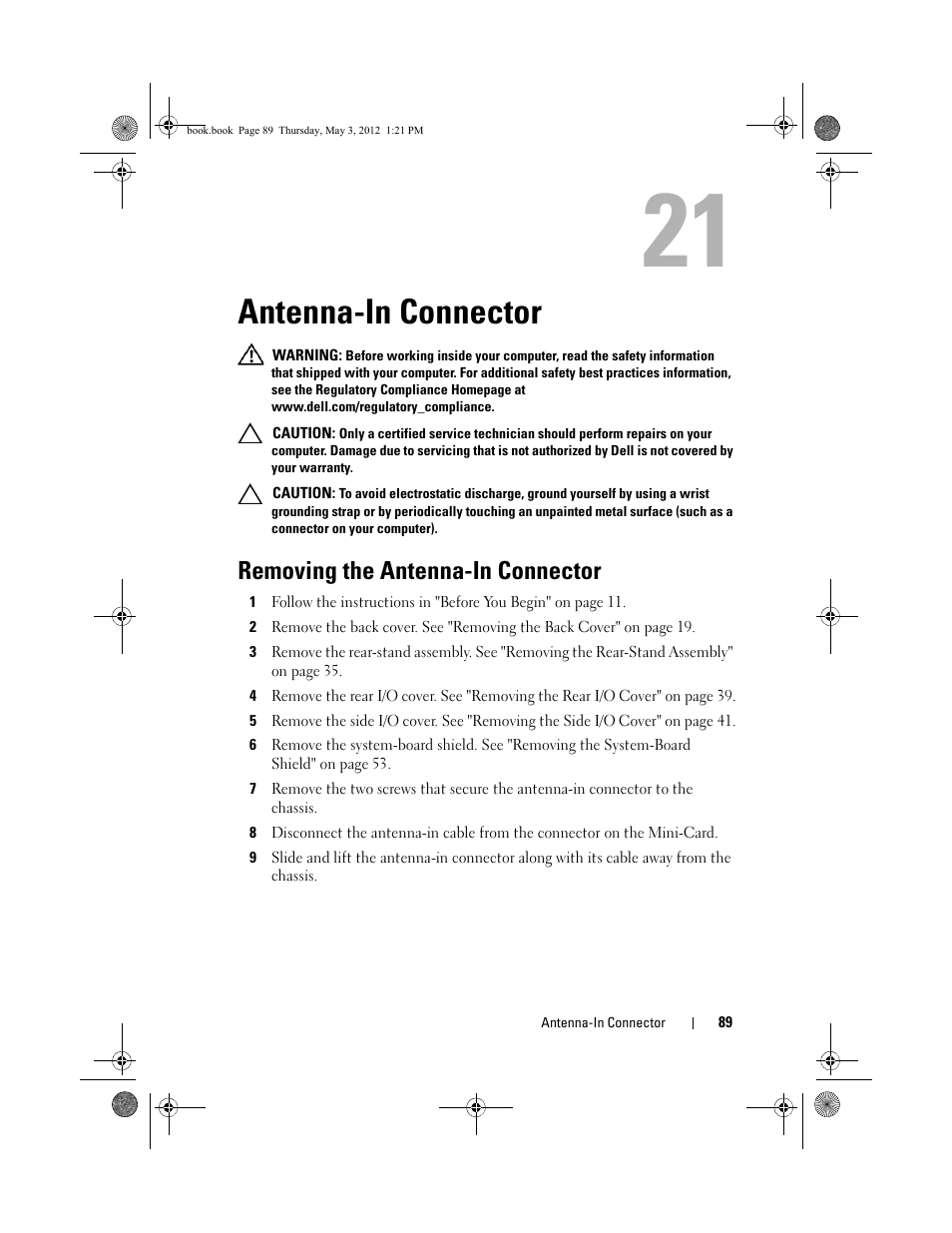 Antenna-in connector, Removing the antenna-in connector | Dell Inspiron One 2320 (Mid 2011) User Manual | Page 89 / 138