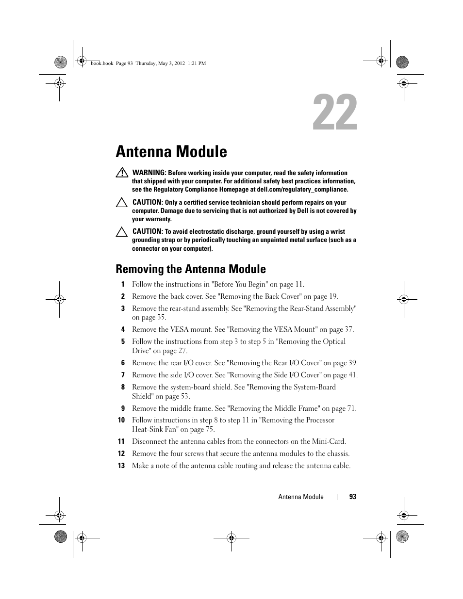 Antenna module, Removing the antenna module | Dell Inspiron One 2320 (Mid 2011) User Manual | Page 93 / 138