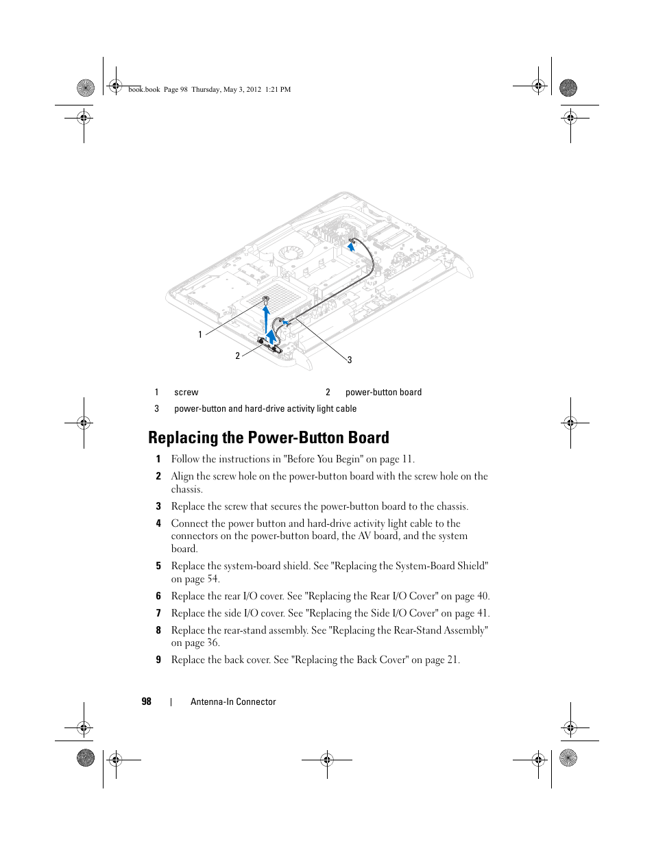 Replacing the power-button board, Replacing the antenna-in connector | Dell Inspiron One 2320 (Mid 2011) User Manual | Page 98 / 138