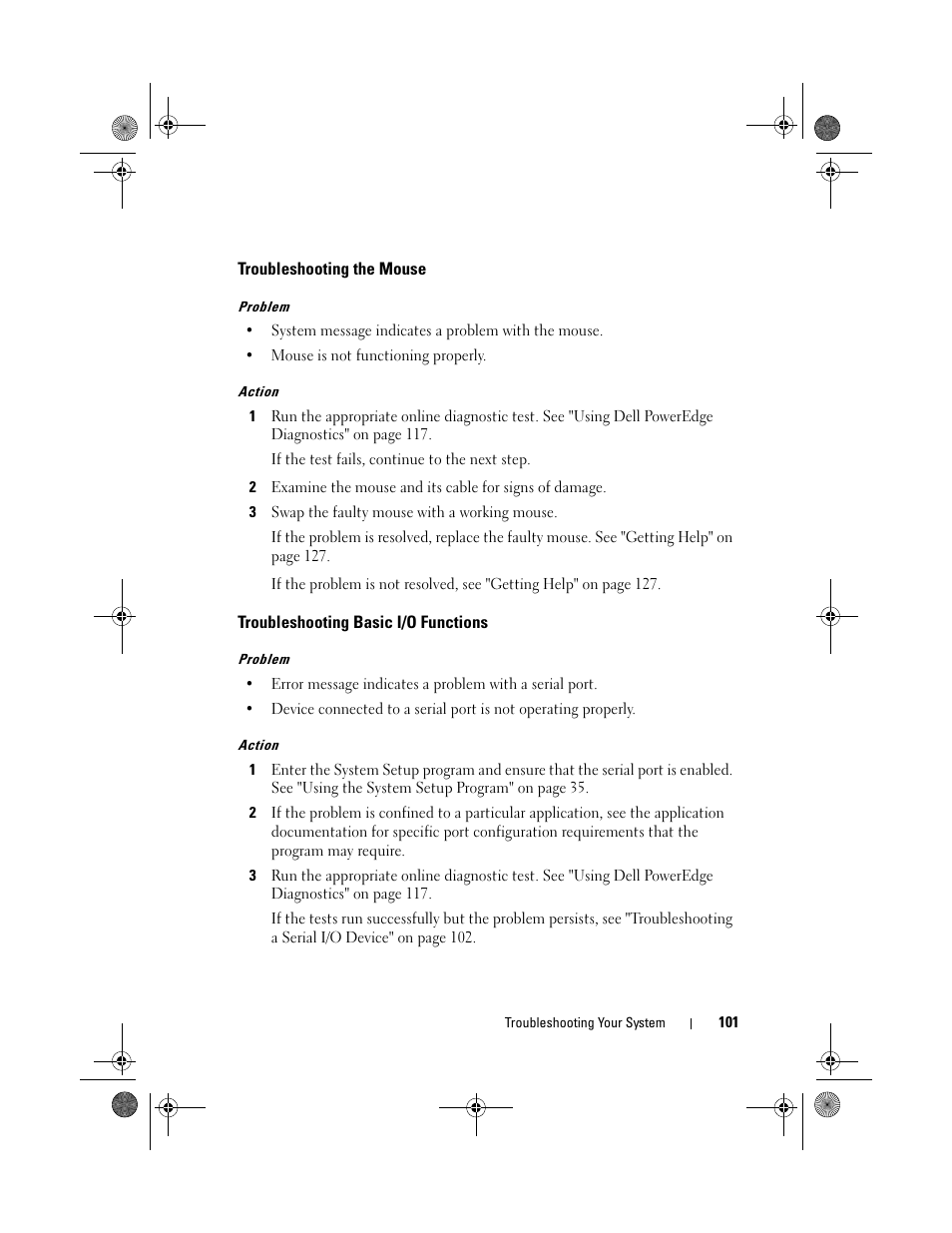 Troubleshooting the mouse, Troubleshooting basic i/o functions | Dell PowerEdge R200 User Manual | Page 101 / 182