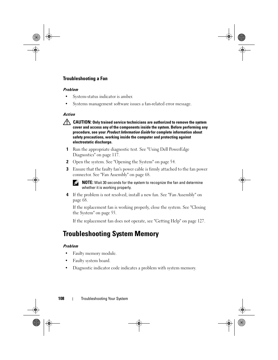 Troubleshooting a fan, Troubleshooting system memory | Dell PowerEdge R200 User Manual | Page 108 / 182