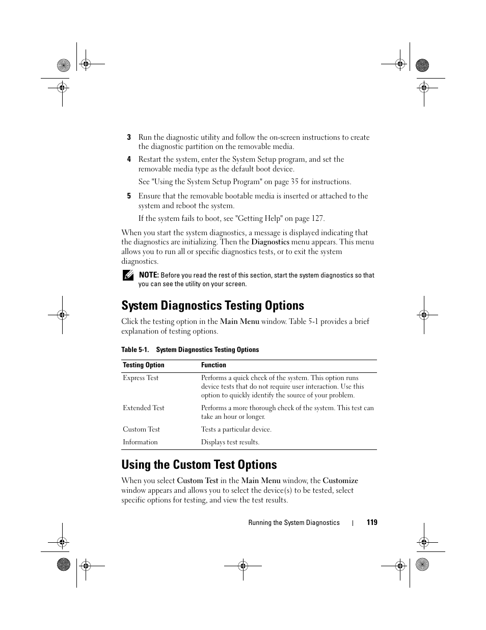 System diagnostics testing options, Using the custom test options | Dell PowerEdge R200 User Manual | Page 119 / 182
