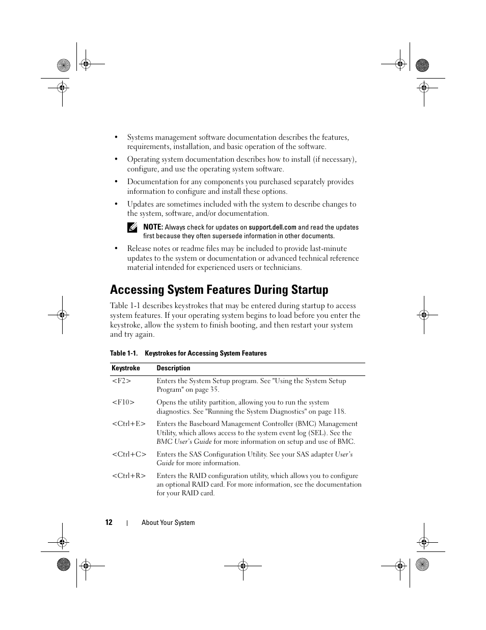 Accessing system features during startup | Dell PowerEdge R200 User Manual | Page 12 / 182