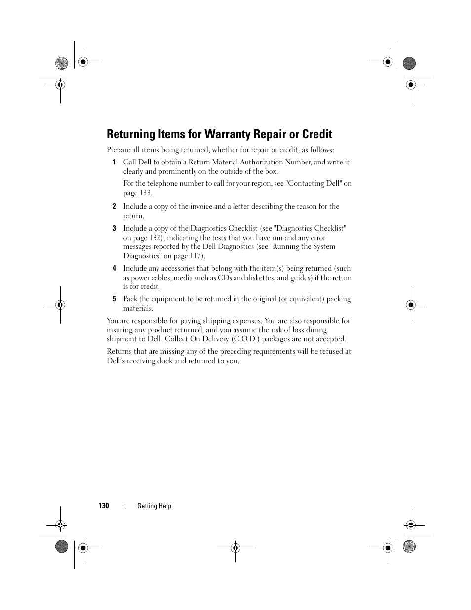Returning items for warranty repair or credit | Dell PowerEdge R200 User Manual | Page 130 / 182