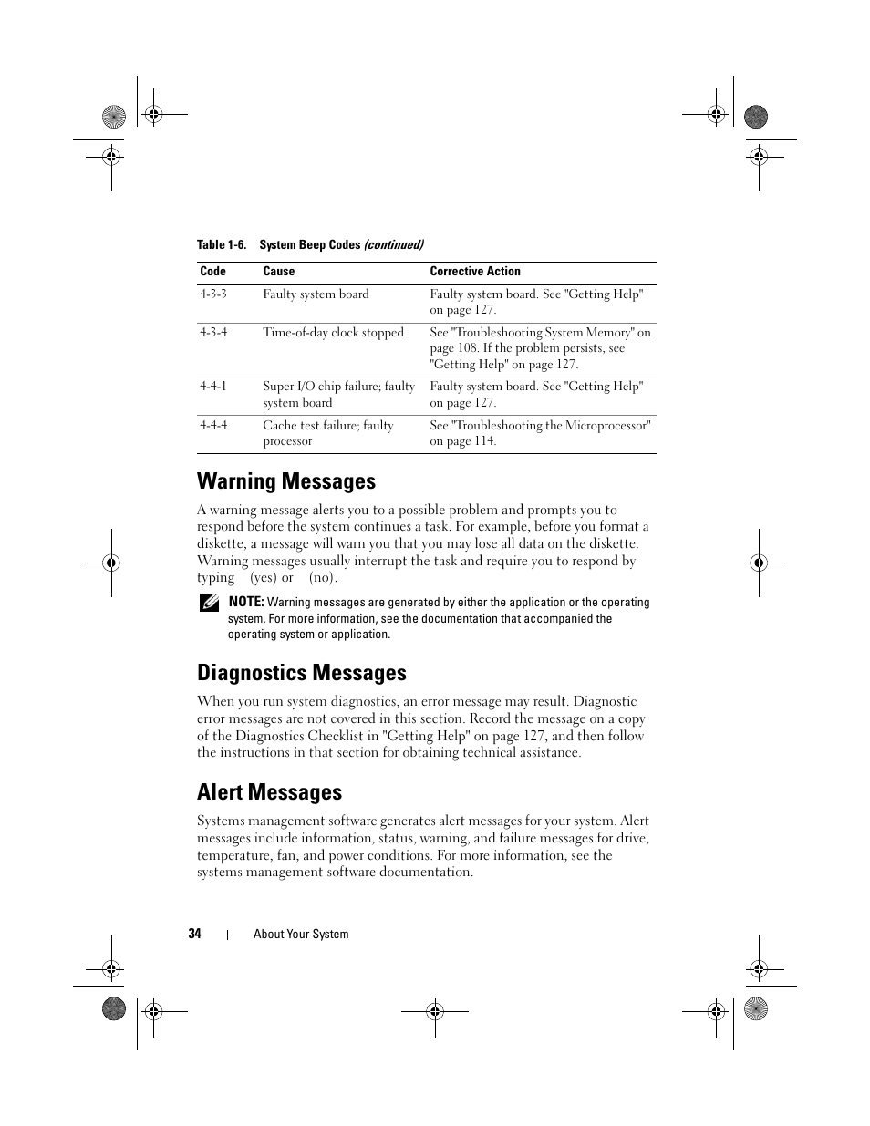 Warning messages, Diagnostics messages, Alert messages | Dell PowerEdge R200 User Manual | Page 34 / 182