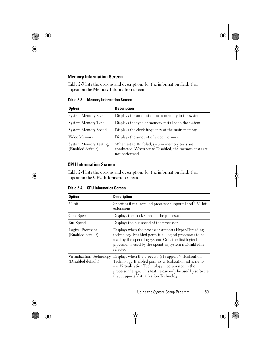 Memory information screen, Cpu information screen | Dell PowerEdge R200 User Manual | Page 39 / 182