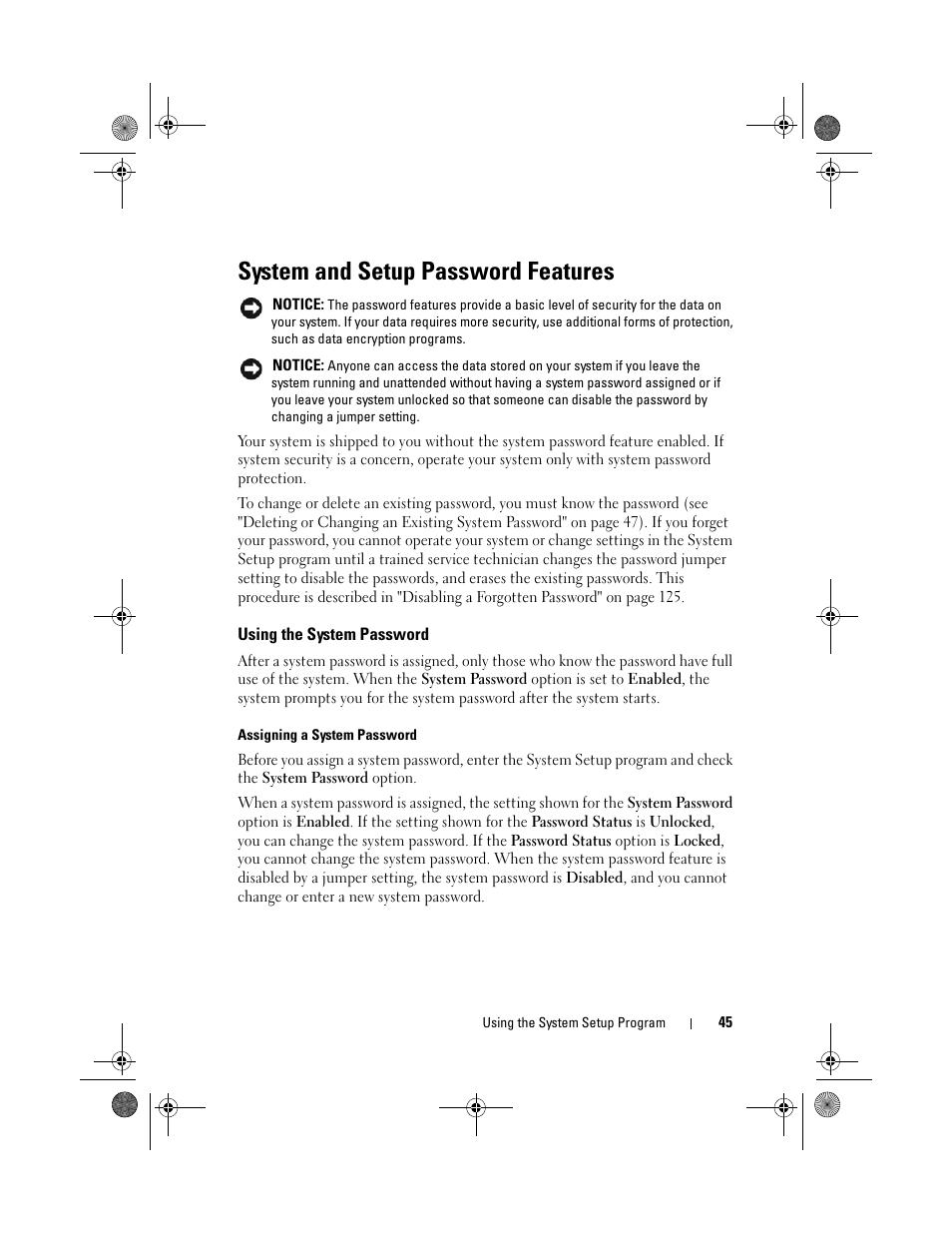 System and setup password features, Using the system password | Dell PowerEdge R200 User Manual | Page 45 / 182