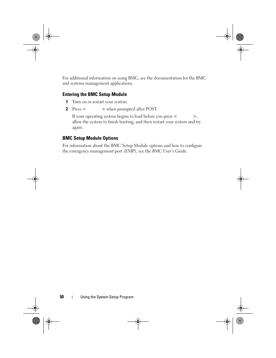 Entering the bmc setup module, Bmc setup module options | Dell PowerEdge R200 User Manual | Page 50 / 182