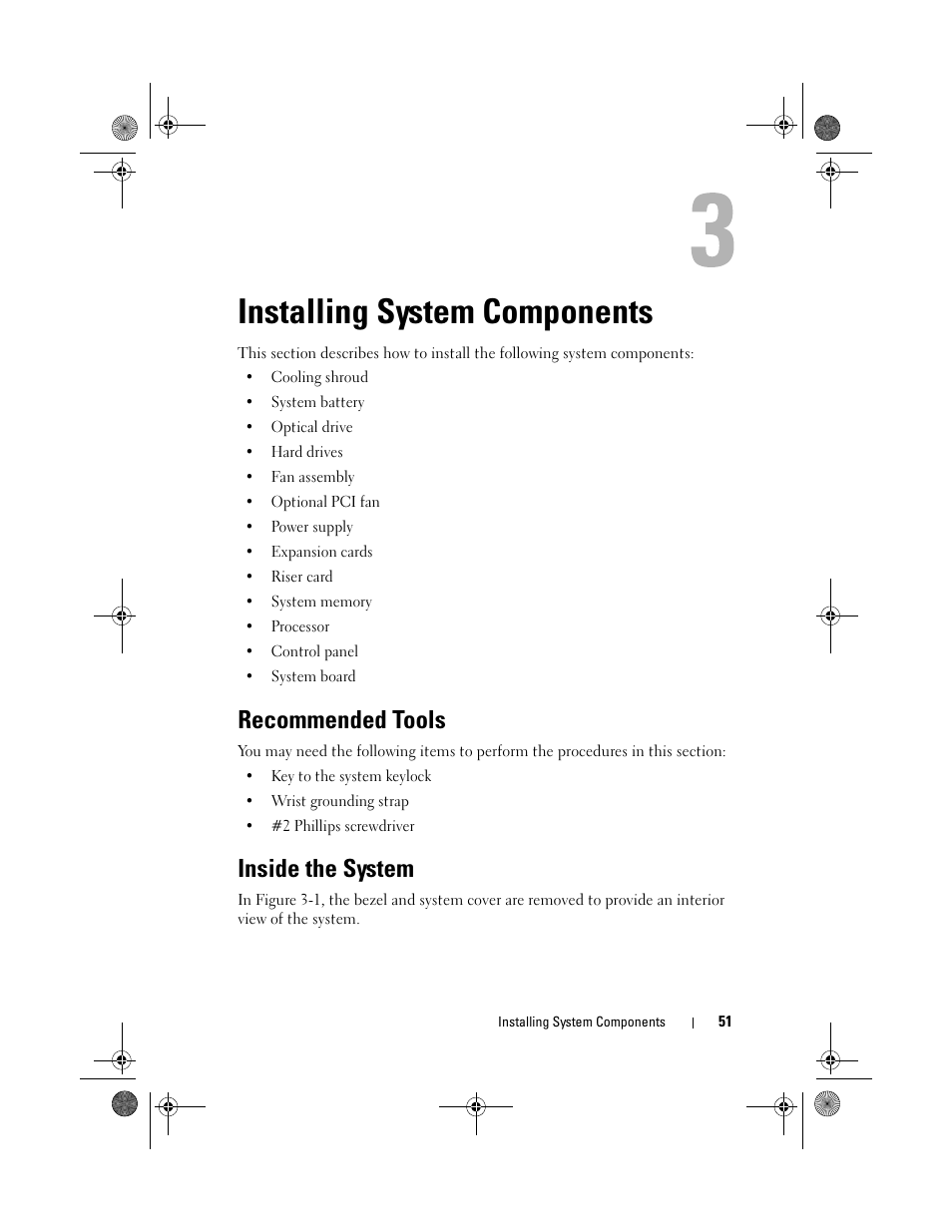 Installing system components, Recommended tools, Inside the system | Dell PowerEdge R200 User Manual | Page 51 / 182