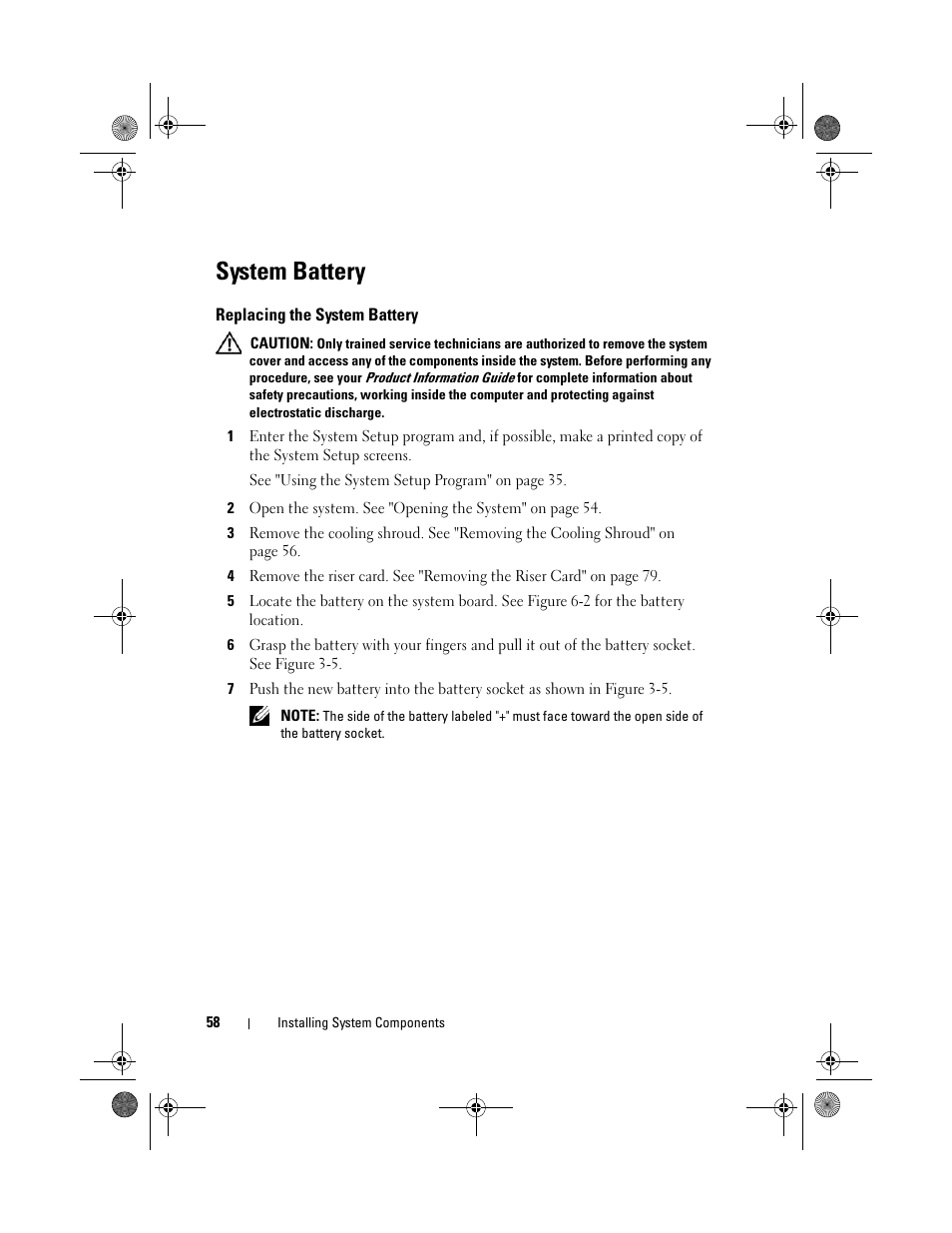 System battery, Replacing the system battery | Dell PowerEdge R200 User Manual | Page 58 / 182